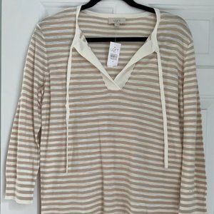 NWT Loft Tan/ Cream Striped Tassel Keyhole Tie Neck Sweater